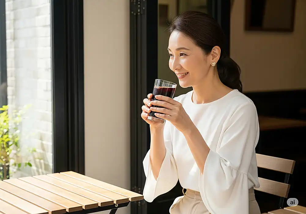 黒酢をおいしそうに飲む女性