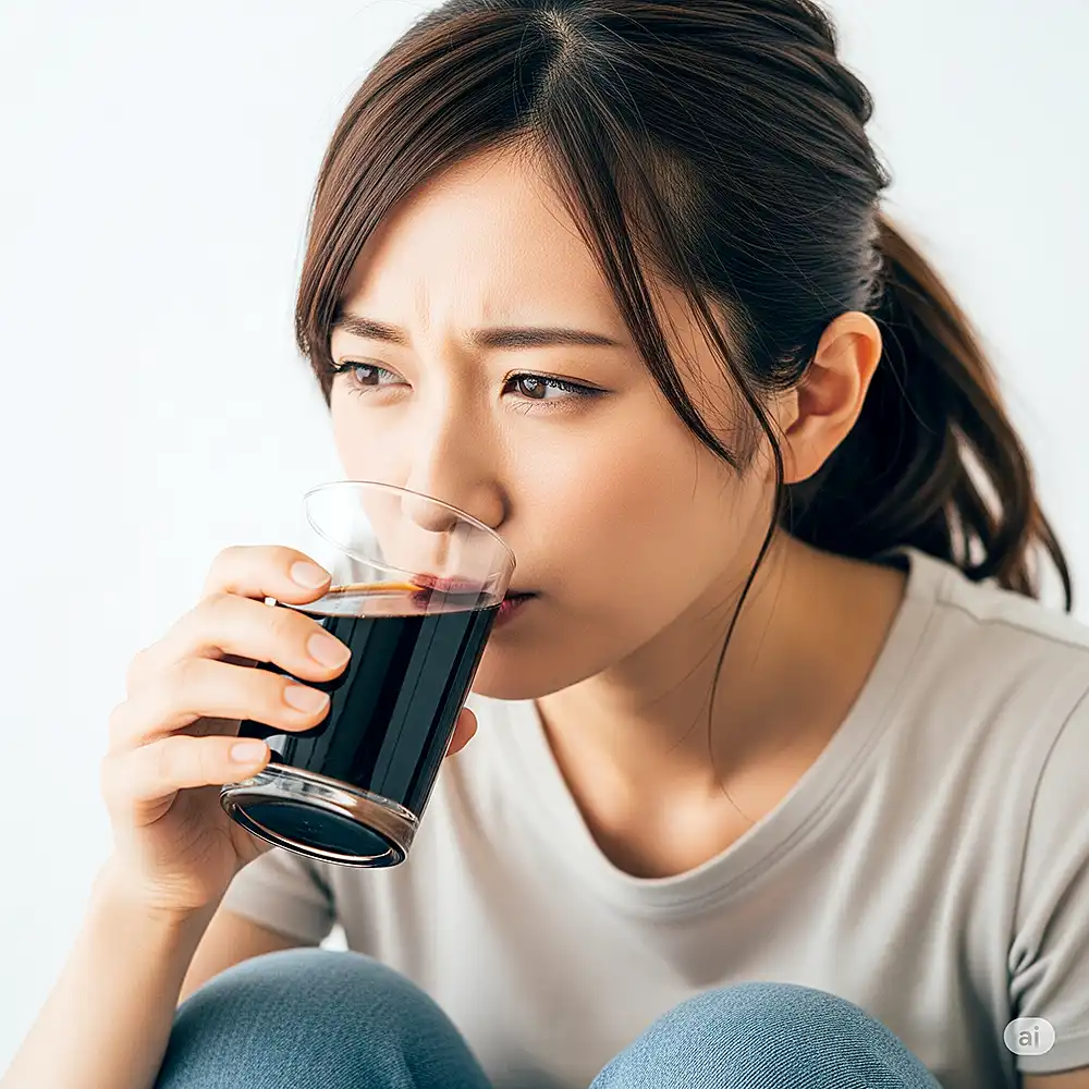 黒酢をいやいや飲む女性