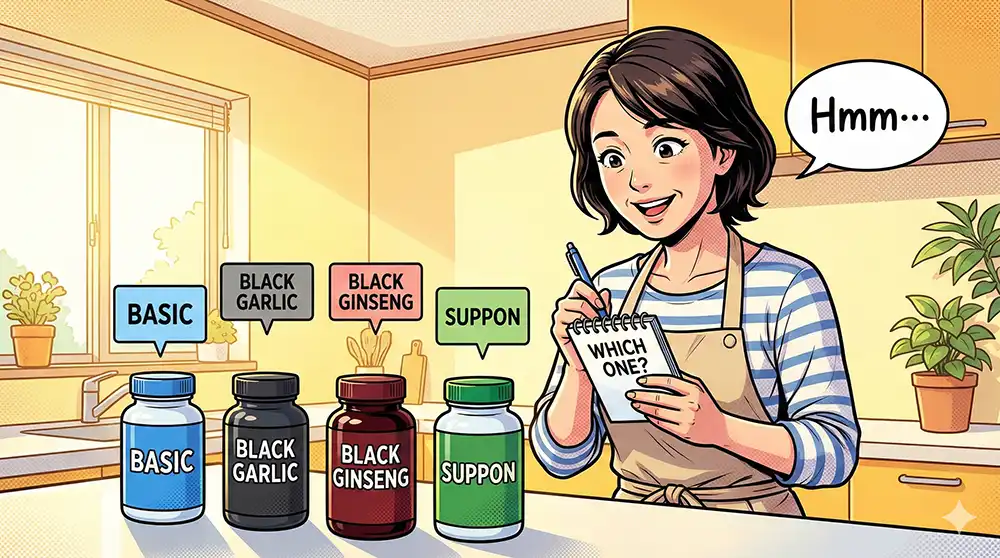 どの黒酢にしようか迷っている女性